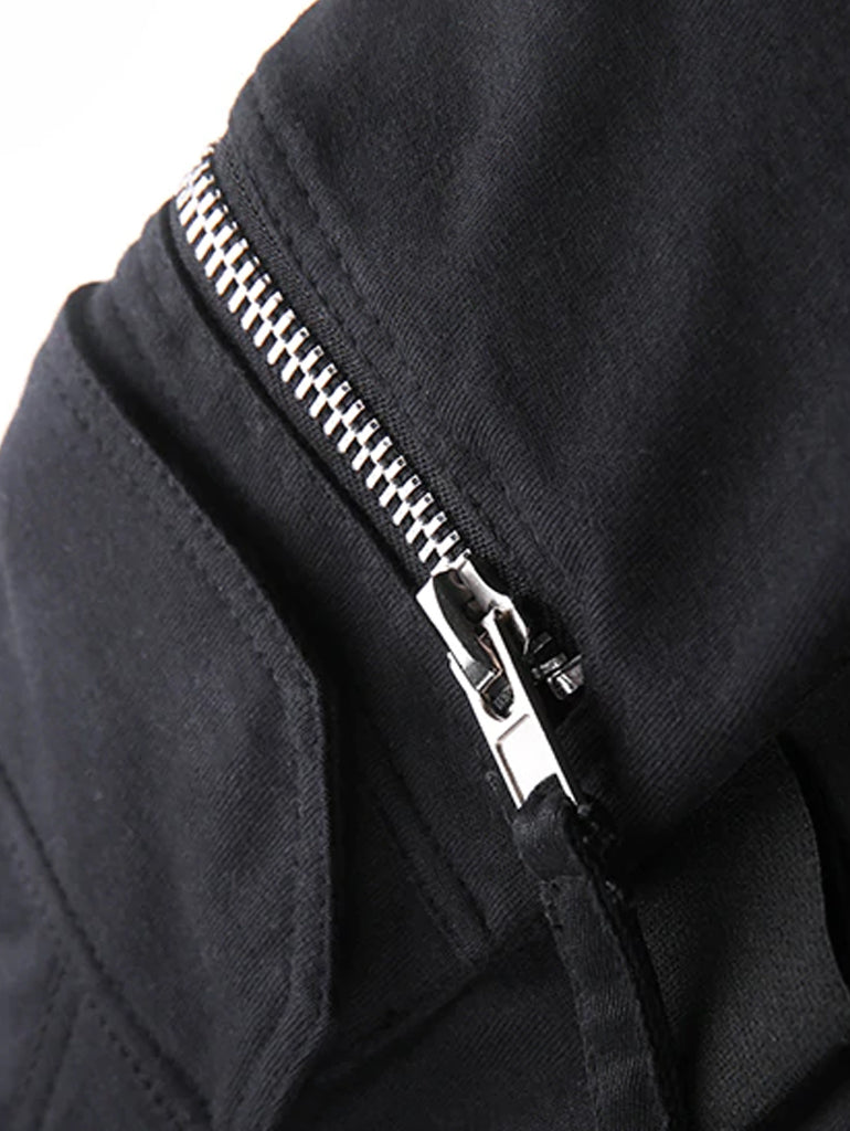 Close up of black cargo pants zipper pocket